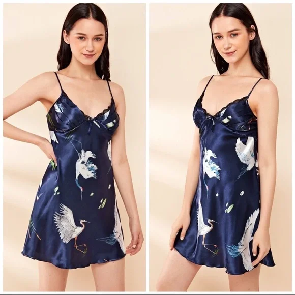 New Navy Blue Satin Silk-Like Nightgown - Picture 2 of 3